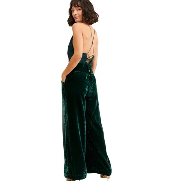 Free People Velvet Jumpsuit Wide Leg Emerald Green Size Medium Deep V Neck - Picture 7 of 10